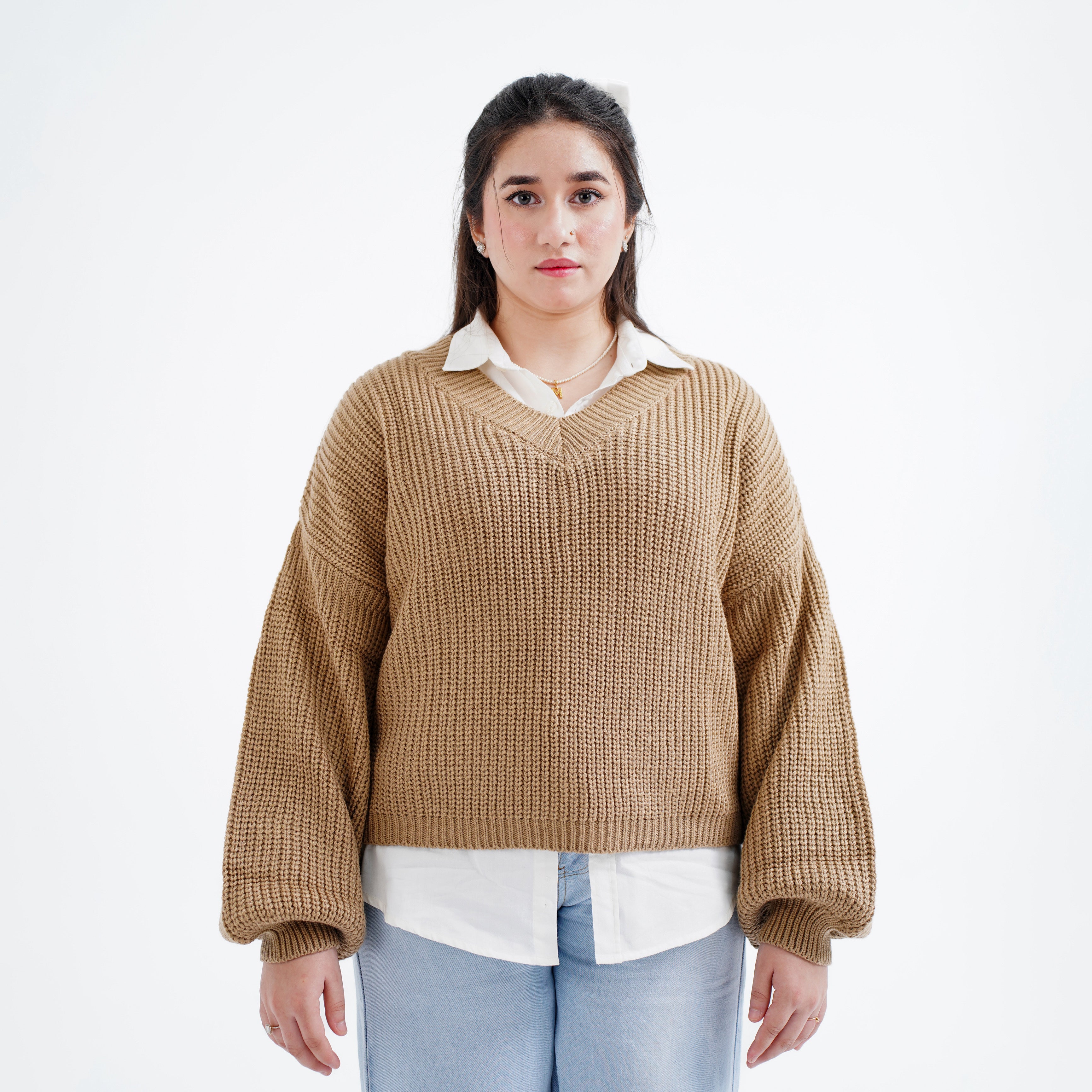 Tan V-Neck Jumper